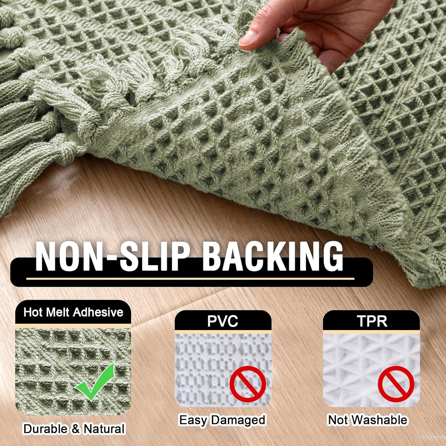 Waffle Bath Mat Super Absorbent Boho Non Slip Rugs for Bathroom Floor Machine Washable Dry Fast with Handmade Tassels, 20" x 32", Sage 32"