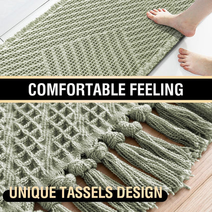 Waffle Bath Mat Super Absorbent Boho Non Slip Rugs for Bathroom Floor Machine Washable Dry Fast with Handmade Tassels, 20" x 32", Sage 32"