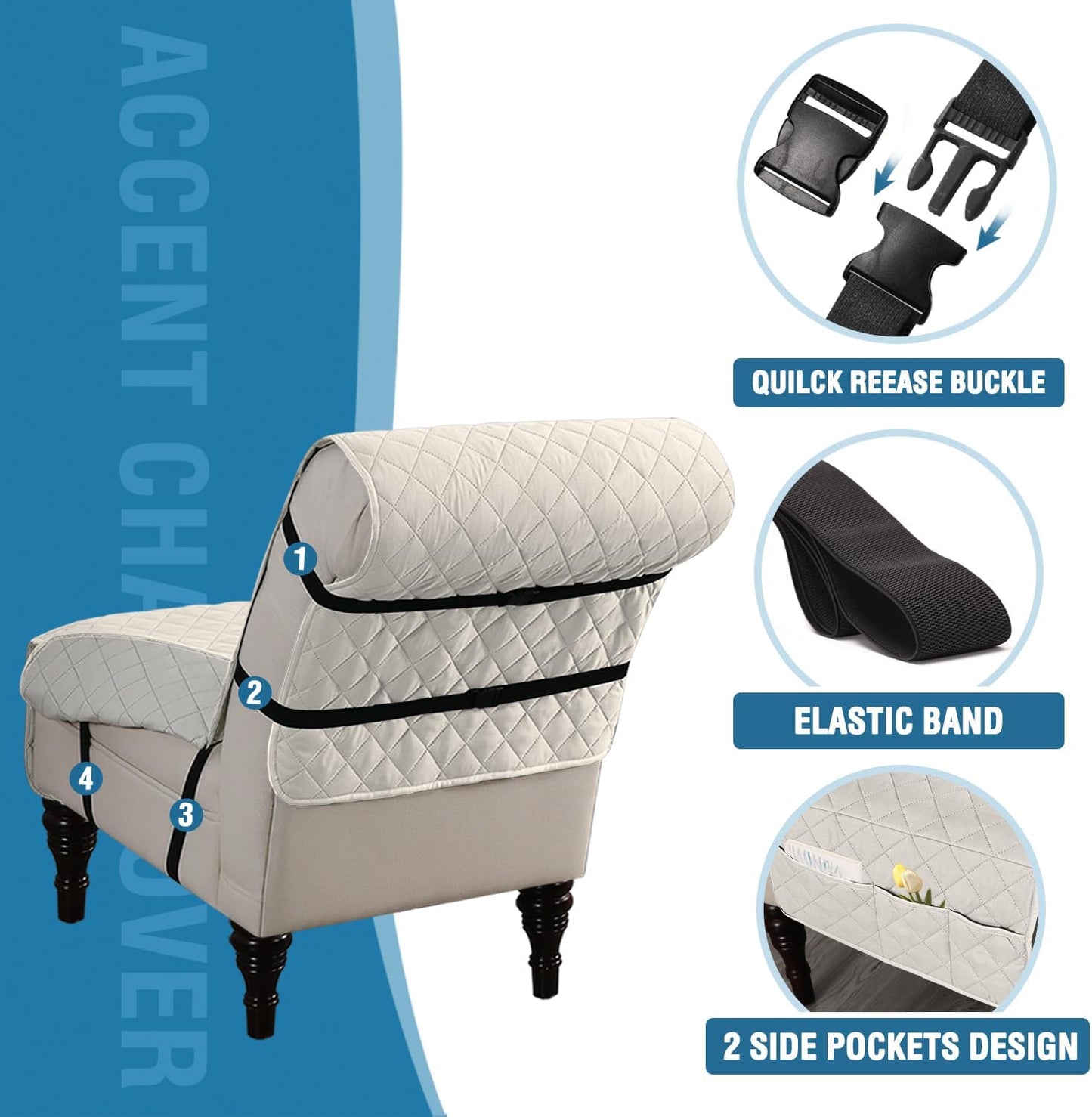 Water Resistant Accent Chair Cover Reversible Quilted Covers Without Arms Thick Soft Durable with Anti-Slip Buckle Washable, Ivory/Beige -