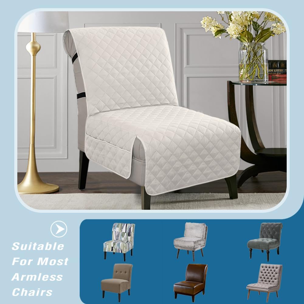Water Resistant Accent Chair Cover Reversible Quilted Covers Without Arms Thick Soft Durable with Anti-Slip Buckle Washable, Ivory/Beige -