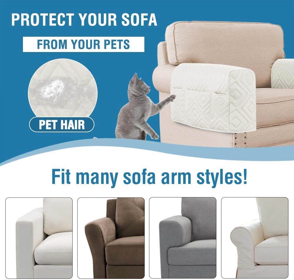 Armrest Covers for Sofa Water Resistant Couch Arm Remote Control Holder Organizer Magazine, Tablet, Phone, iPad(Set of 2, Ivory/Beige) Double Diamond-ivory/Beige -