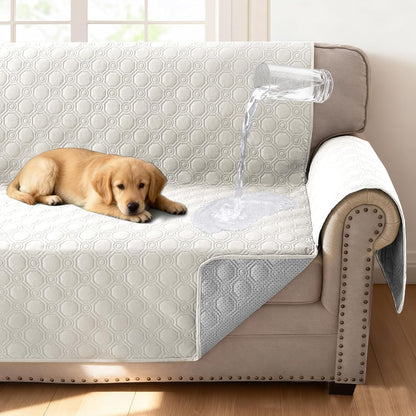 100% Waterproof Couch Cover for 3 Cushion Sofa Washable Pet Friendly with Elastic Straps Thick Durable Storage Pocket(XL Sofa, Beige) Beige 78"-X-Large