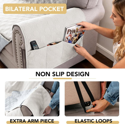 100% Waterproof Couch Cover for 3 Cushion Sofa Washable Pet Friendly with Elastic Straps Thick Durable Storage Pocket(XL Sofa, Beige) Beige 78"-X-Large