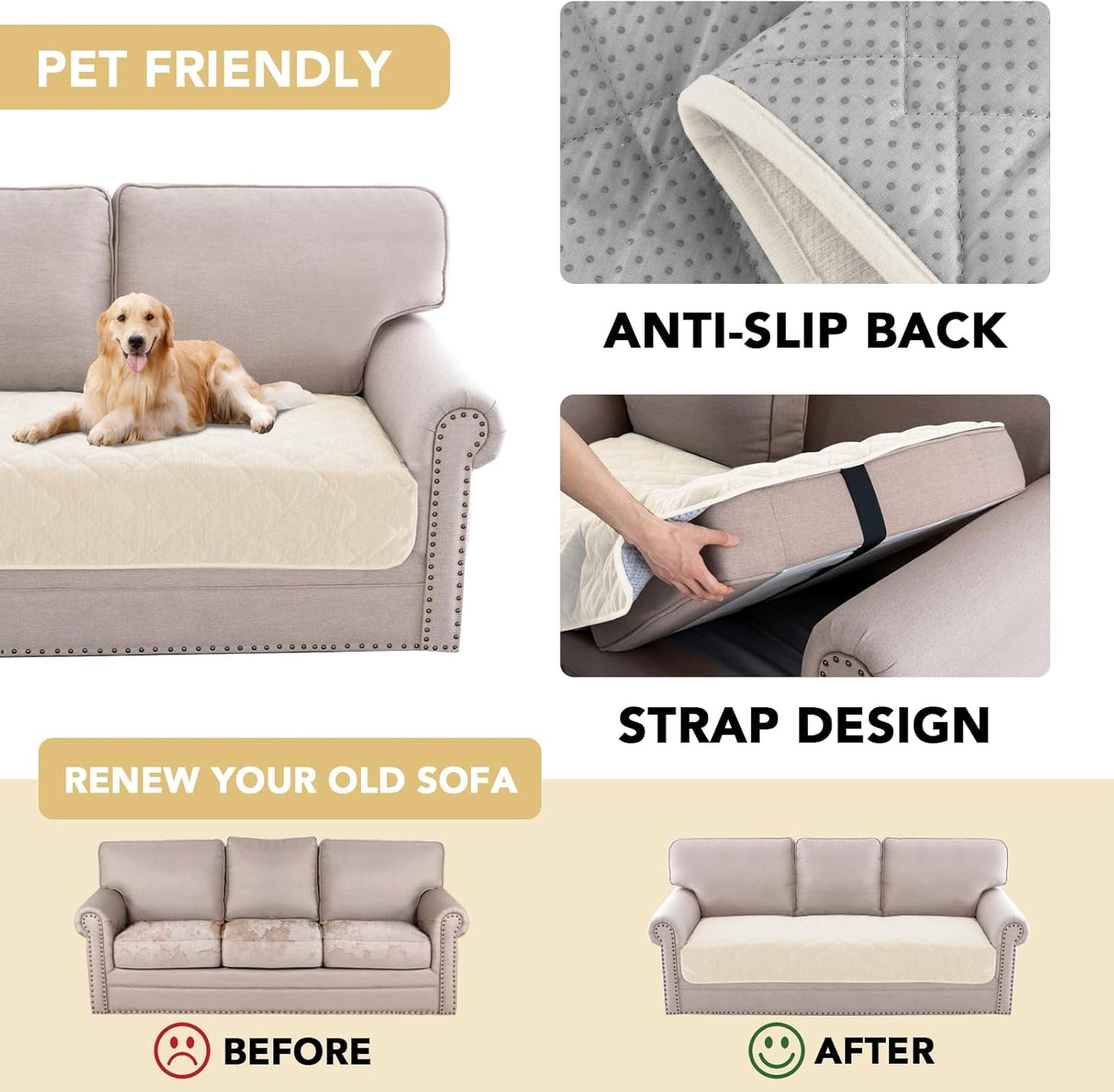 Couch Cover Chenille Pet Fuzzy Sofa Covers for 3 Cushion Anti Slip Washable Slipcovers with Strap Soft Protector Dogs Cats Kids(36" x 82", Ivory) Ivory 36" 82"