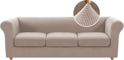 4 Piece Stretch Chesterfield Sofa Slipcovers Mid Century Deep Seat Covers Washable (Base Cover Plus 3 Cushion Covers) Thicker Jacquard Fabric (Large Sofa, Sand) Sand Large