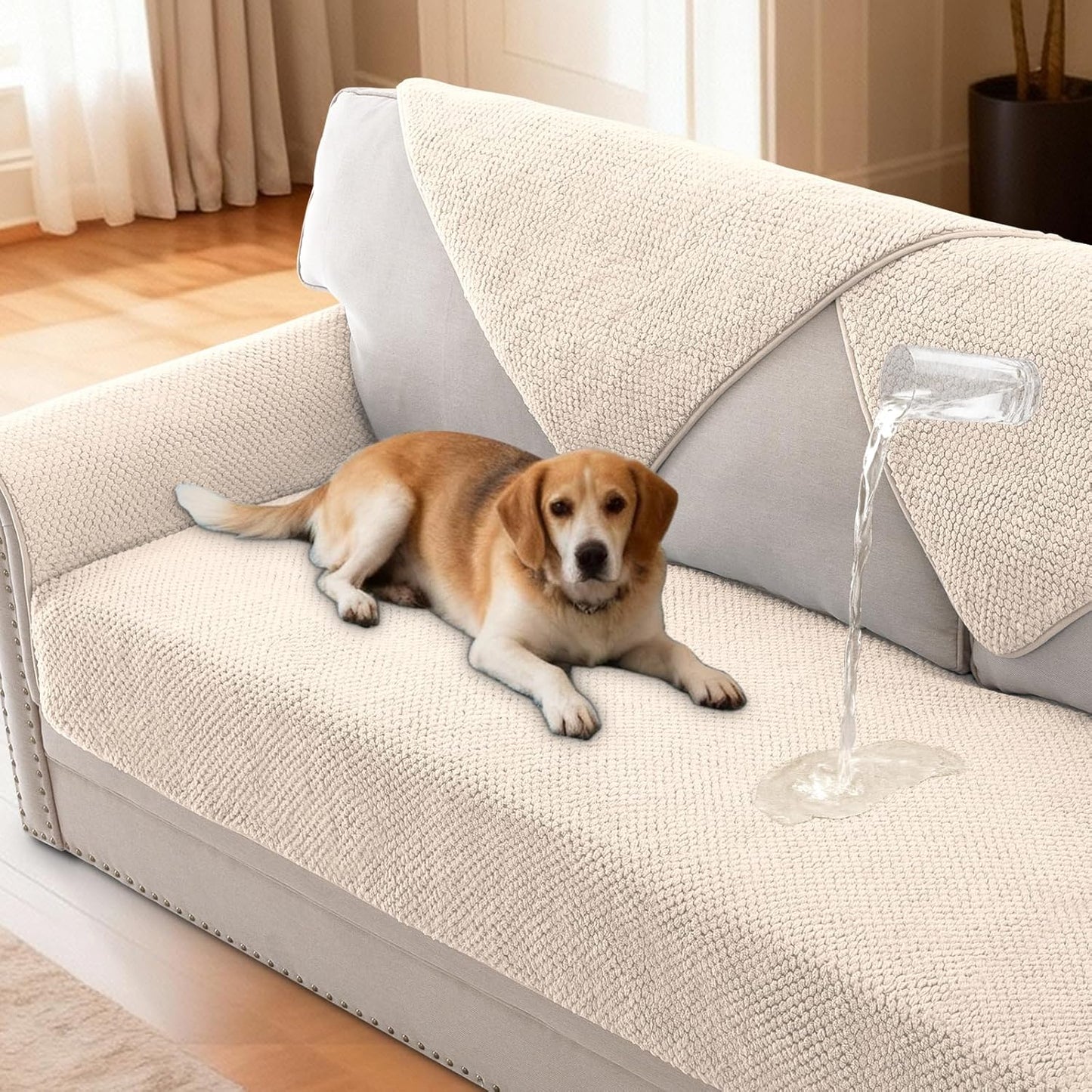 Waterproof Couch Cover Plush Sofa with Strap Soft Anti Slip Slipcovers for 4 Cushion Protector Dogs Cats Kids,36x96'',Beige Beige 1pc/36''x96''