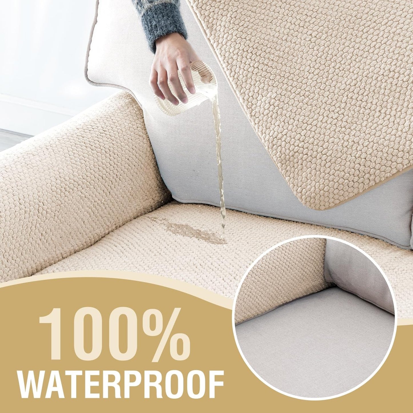 Waterproof Couch Cover Plush Sofa with Strap Soft Anti Slip Slipcovers for 4 Cushion Protector Dogs Cats Kids,36x96'',Beige Beige 1pc/36''x96''