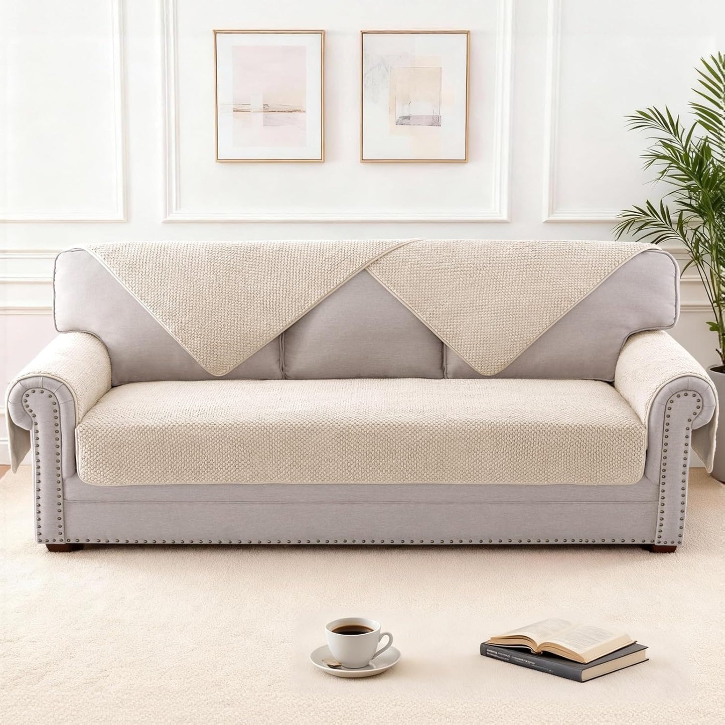 Waterproof Couch Cover Plush Sofa with Strap Soft Anti Slip Slipcovers for 4 Cushion Protector Dogs Cats Kids,36x96'',Beige Beige 1pc/36''x96''