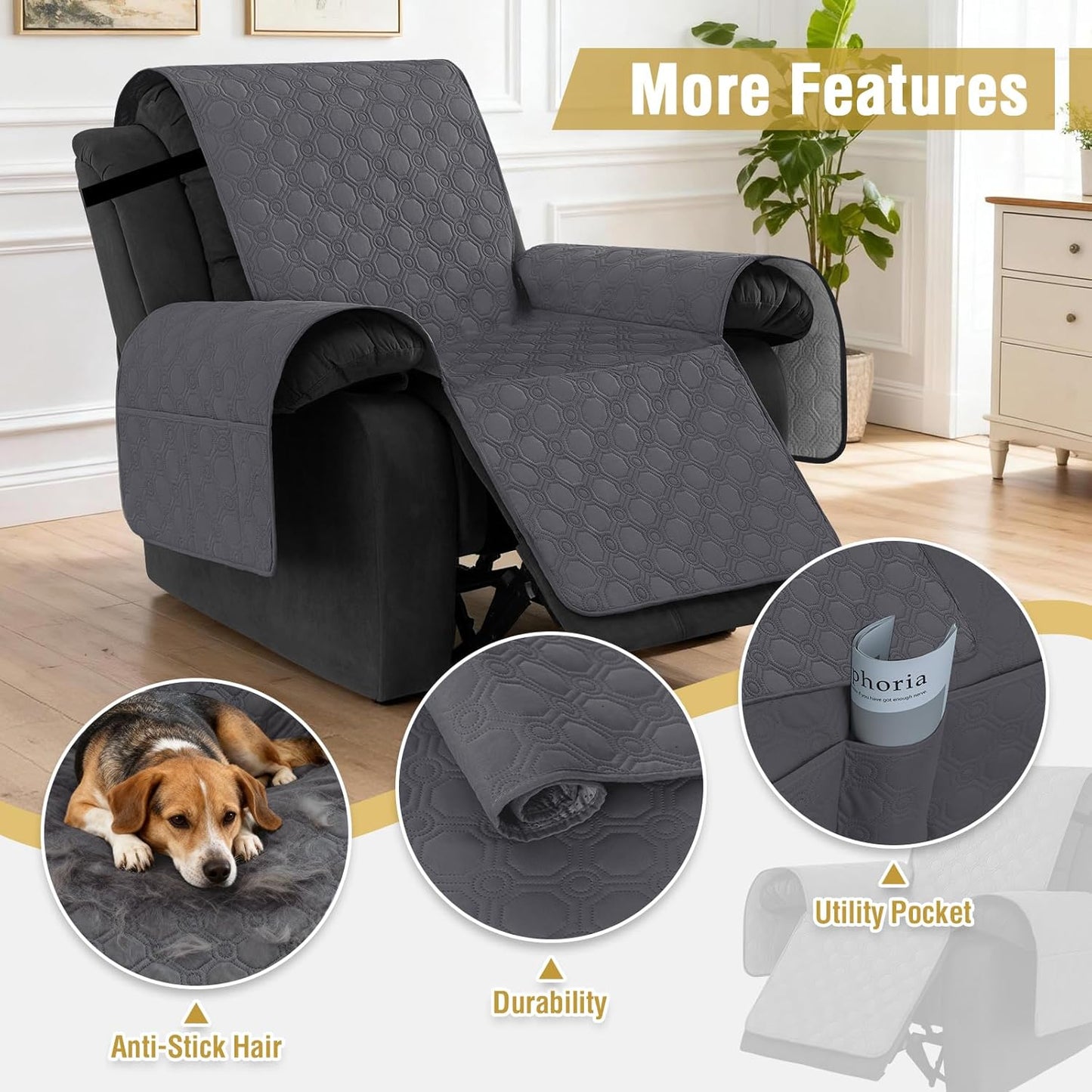 100% Waterproof Recliner Chair Covers, Covers Non-Slip Stay in Place, Thick Cover for with Pocket, Dog Couch Protector Washable(Grey, 23") Gray 23"