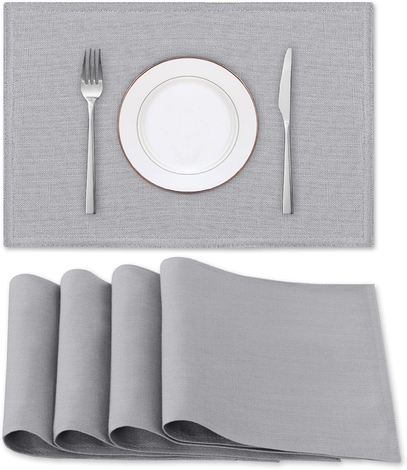 Linen Placemats Set of 4 Premium Solid Table for Dining Spill-Proof Waterproof Mats Heat-Resistant Kitchen Washable, 12x18 inches, Grey Gray -