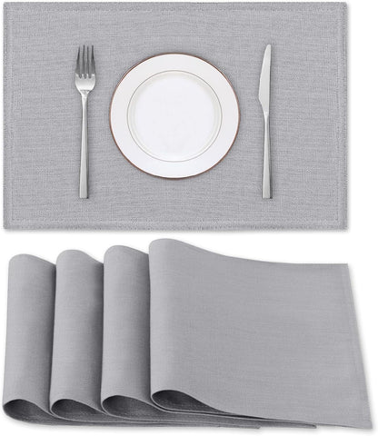 Linen Placemats Set of 4 Premium Solid Table for Dining Spill-Proof Waterproof Mats Heat-Resistant Kitchen Washable, 12x18 inches, Grey Gray -