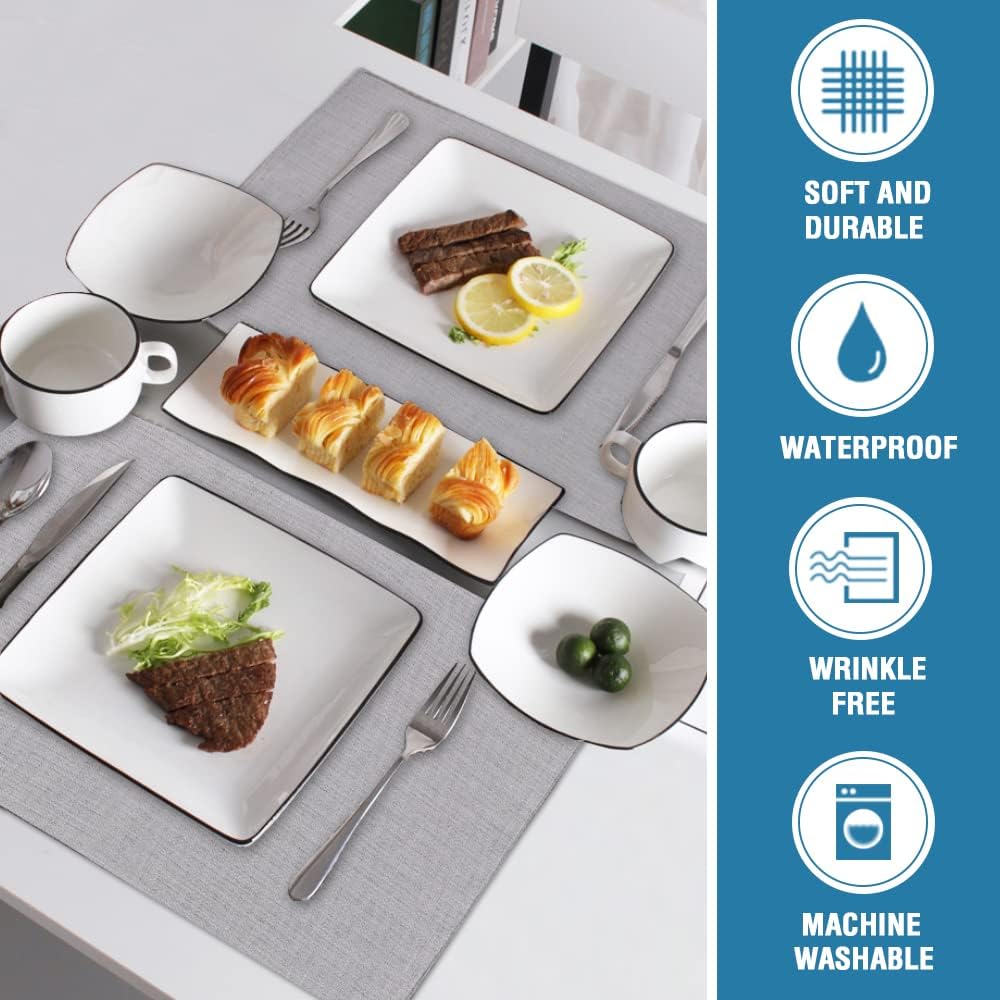 Linen Placemats Set of 4 Premium Solid Table for Dining Spill-Proof Waterproof Mats Heat-Resistant Kitchen Washable, 12x18 inches, Grey Gray -