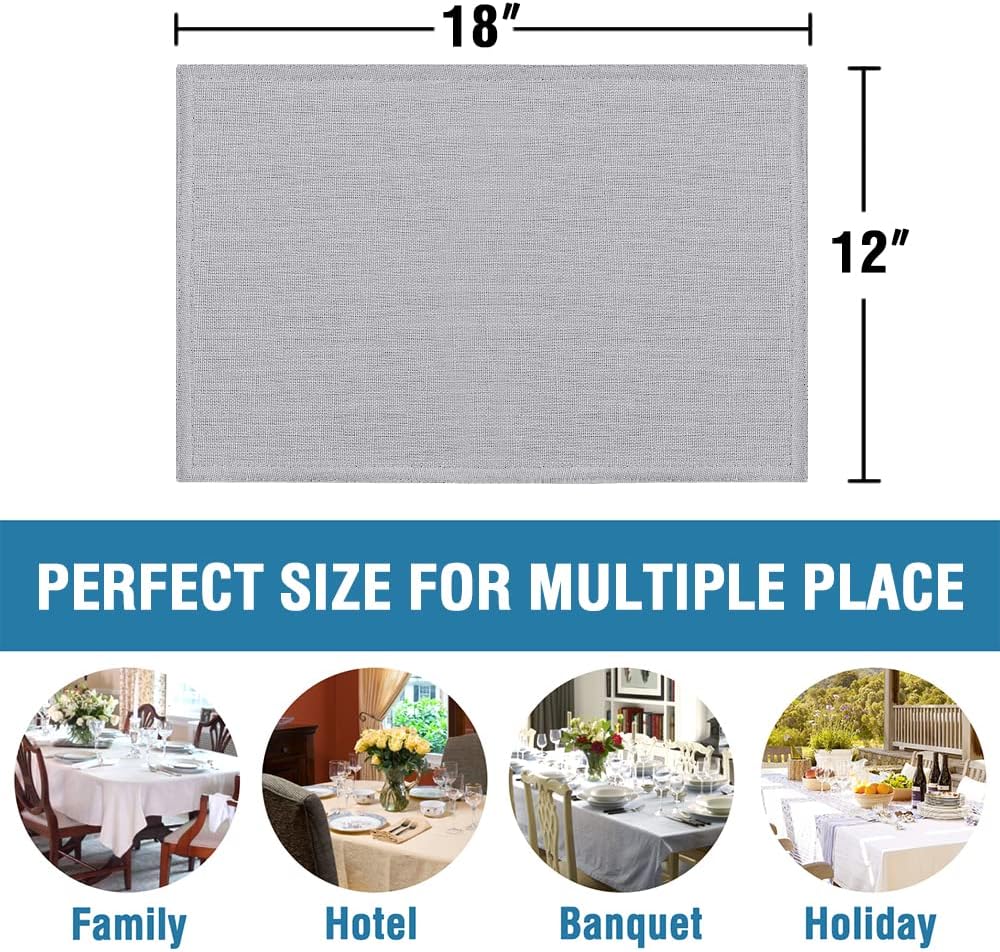 Linen Placemats Set of 4 Premium Solid Table for Dining Spill-Proof Waterproof Mats Heat-Resistant Kitchen Washable, 12x18 inches, Grey Gray -