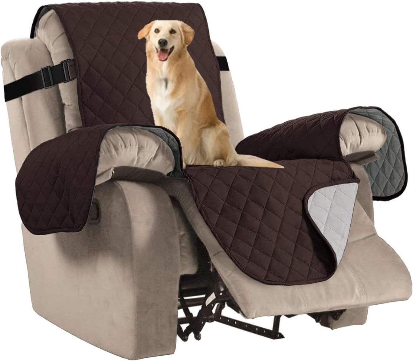 Reversible Quilted Recliner Covers Chair Cover Water Resistant Furniture Protector Washable Couch with Elastic Straps for Kids, Pets (Recliner, Brown/Beige) Brown/Beige (79" x 68")