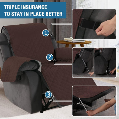 Reversible Quilted Recliner Covers Chair Cover Water Resistant Furniture Protector Washable Couch with Elastic Straps for Kids, Pets (Recliner, Brown/Beige) Brown/Beige (79" x 68")