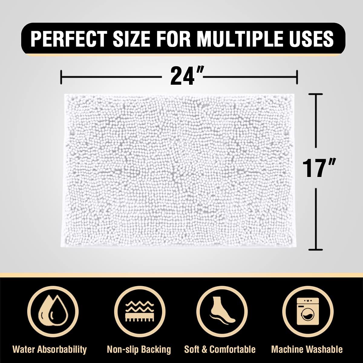 White Bathroom Rugs Bath Mat for Luxury Rug Extra Soft and Absorbent Microfiber Shaggy Non Slip Washable, 17 x 24 Inches 17" 24" Rectangular