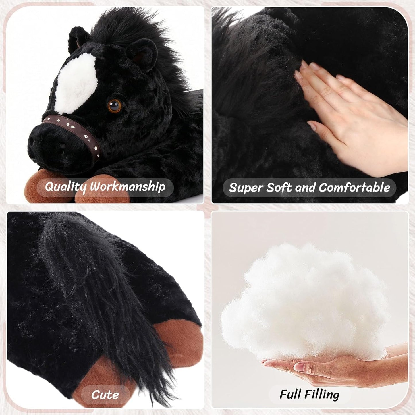 47 Inches Giant Horse Stuffed Animal Weighted Oversized Black Plush Toys Soft Hugging Pillow Bedroom Decor Backrest for Accent Chairs Birthday Gift Kids Boys Girls Adults