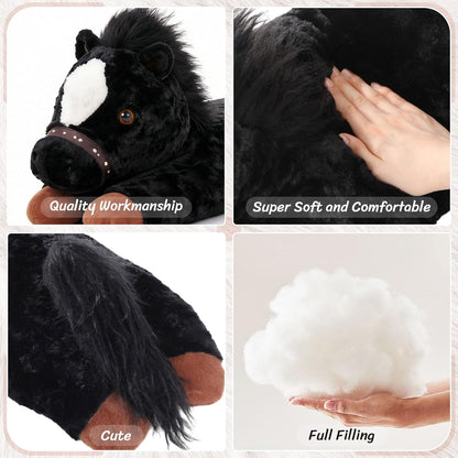 47 Inches Giant Horse Stuffed Animal Weighted Oversized Black Plush Toys Soft Hugging Pillow Bedroom Decor Backrest for Accent Chairs Birthday Gift Kids Boys Girls Adults