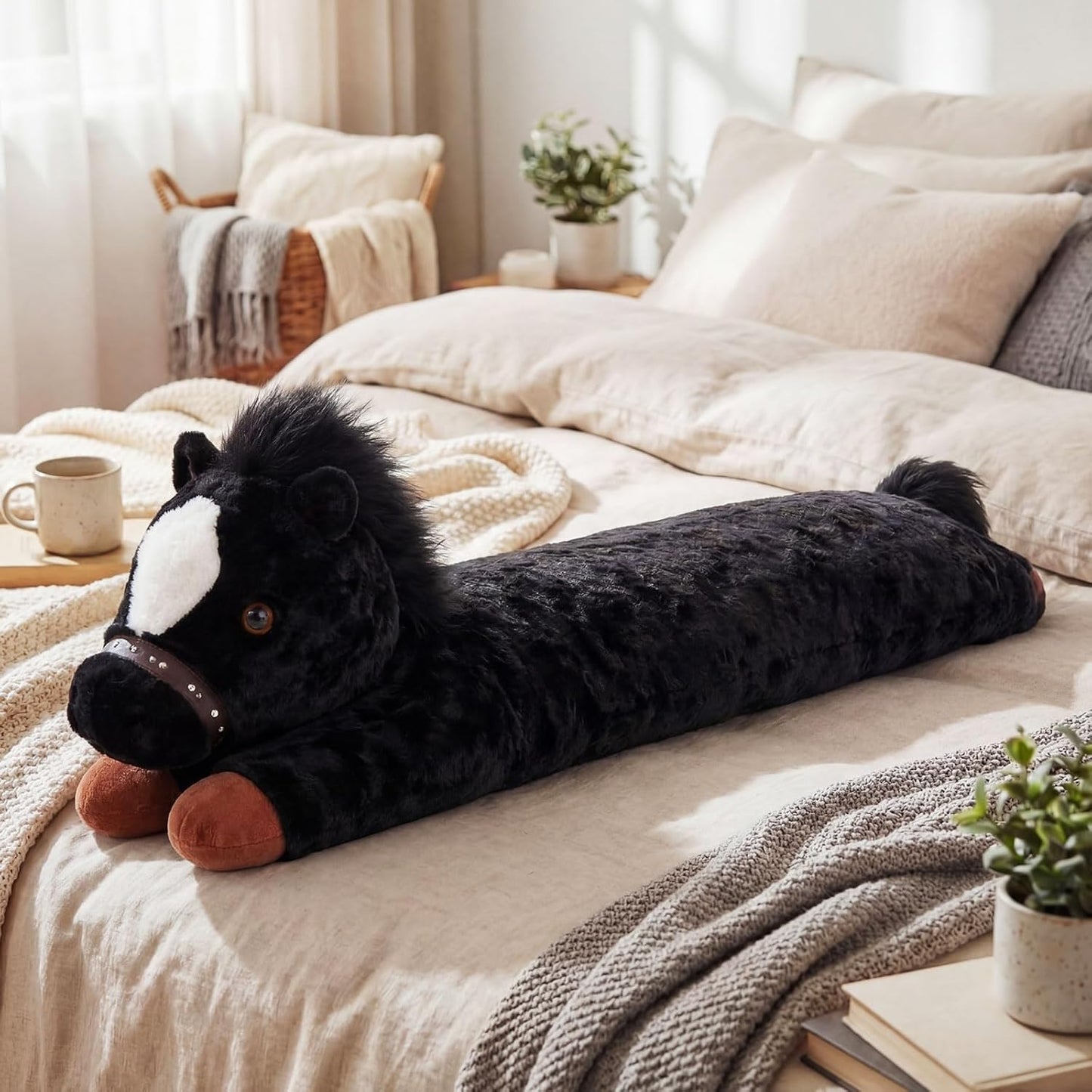 47 Inches Giant Horse Stuffed Animal Weighted Oversized Black Plush Toys Soft Hugging Pillow Bedroom Decor Backrest for Accent Chairs Birthday Gift Kids Boys Girls Adults