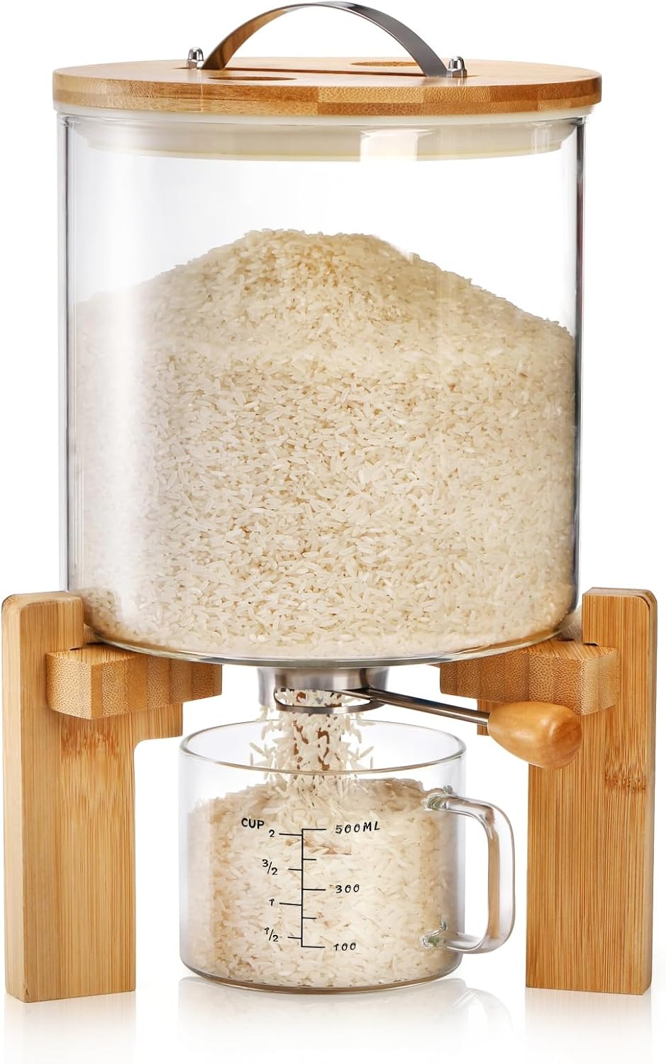 5L Glass Rice Dispenser, Cereal Container with Bamboo Stand, Large Airtight Food Storage Bin, Organization Tank Measuring Cup for Grain Coffee Beans Dry