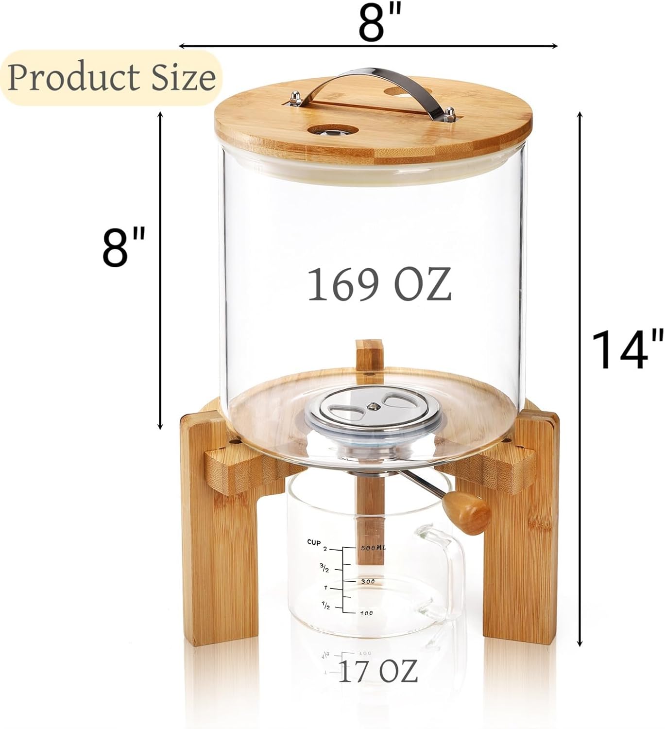 5L Glass Rice Dispenser, Cereal Container with Bamboo Stand, Large Airtight Food Storage Bin, Organization Tank Measuring Cup for Grain Coffee Beans Dry
