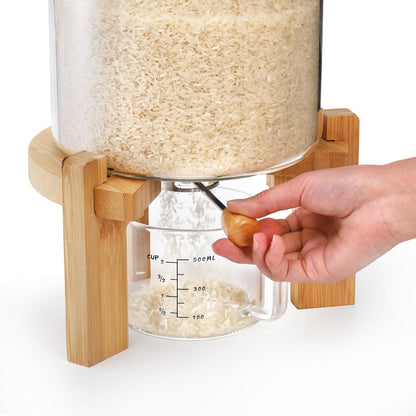 5L Glass Rice Dispenser, Cereal Container with Bamboo Stand, Large Airtight Food Storage Bin, Organization Tank Measuring Cup for Grain Coffee Beans Dry