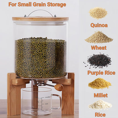 5L Glass Rice Dispenser, Cereal Container with Bamboo Stand, Large Airtight Food Storage Bin, Organization Tank Measuring Cup for Grain Coffee Beans Dry