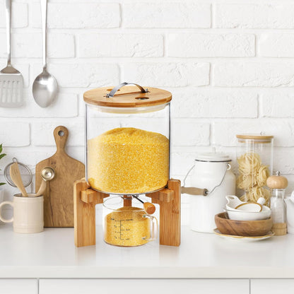 5L Glass Rice Dispenser, Cereal Container with Bamboo Stand, Large Airtight Food Storage Bin, Organization Tank Measuring Cup for Grain Coffee Beans Dry