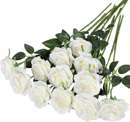 Artificial Flowers - 12 pieces - Rayon Flowers - Realistic Rose Bouquet - Long Stems - Suitable for Home - Wedding - Party - Decoration - White