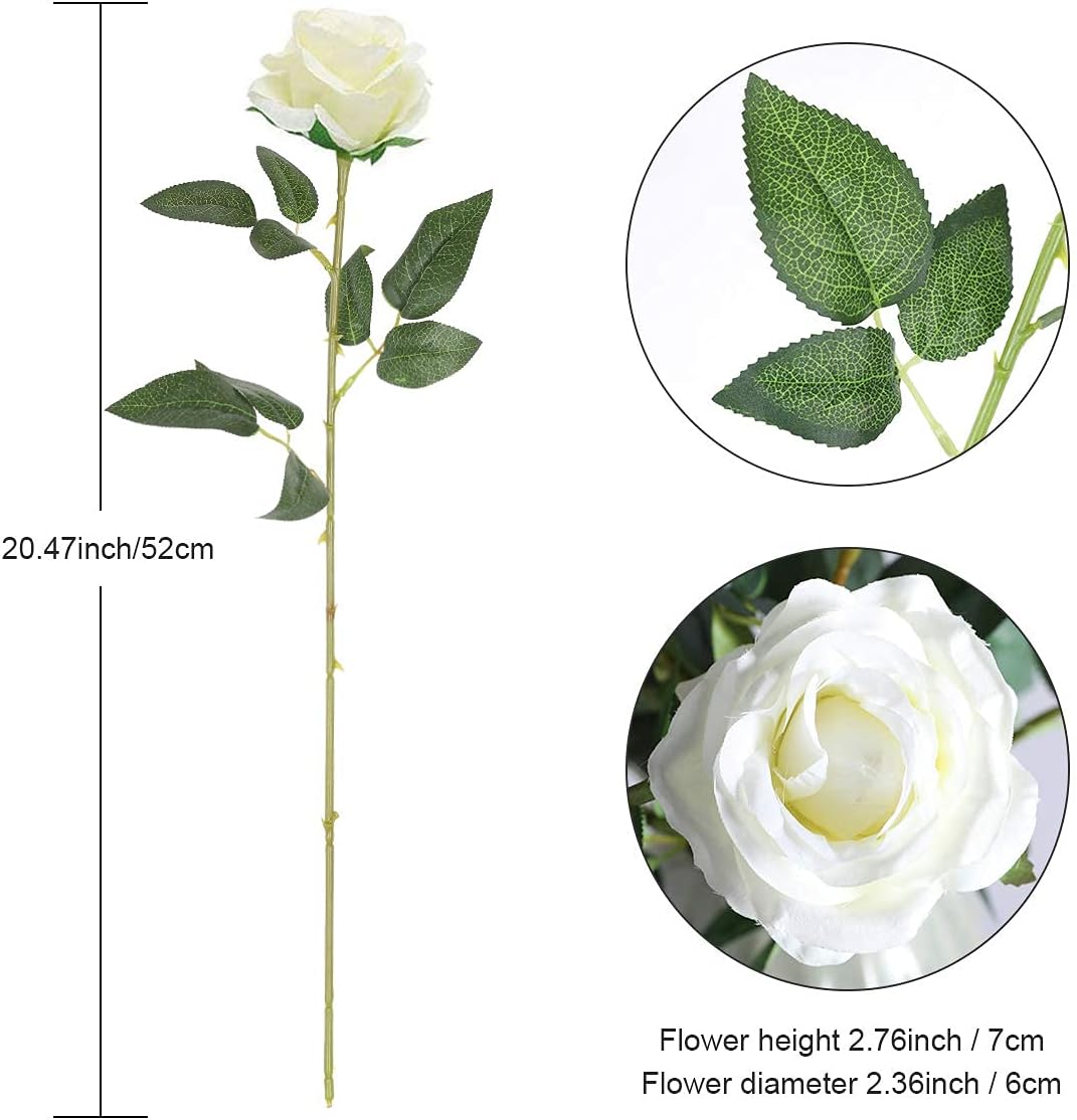Artificial Flowers - 12 pieces - Rayon Flowers - Realistic Rose Bouquet - Long Stems - Suitable for Home - Wedding - Party - Decoration - White