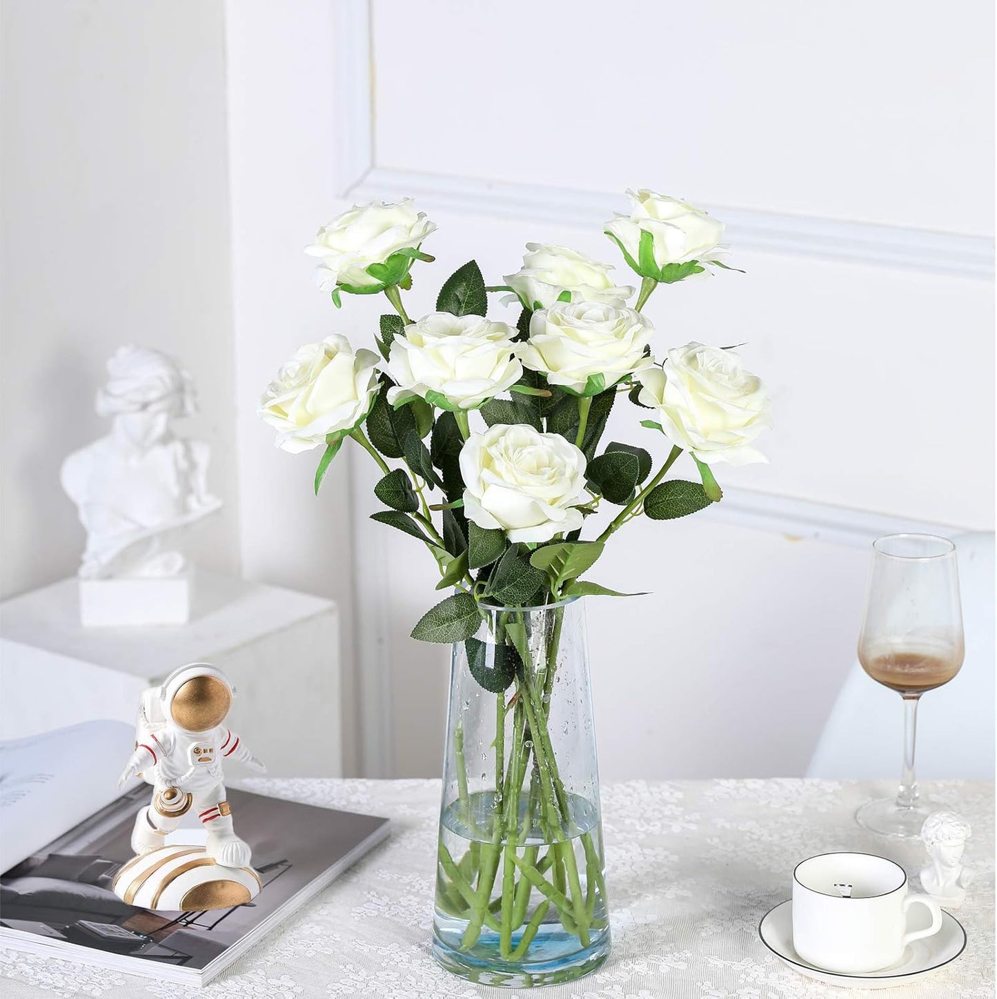 Artificial Flowers - 12 pieces - Rayon Flowers - Realistic Rose Bouquet - Long Stems - Suitable for Home - Wedding - Party - Decoration - White
