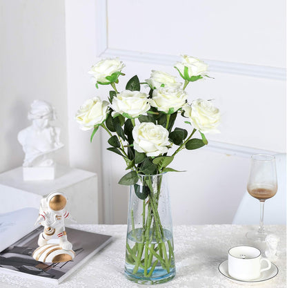 Artificial Flowers - 12 pieces - Rayon Flowers - Realistic Rose Bouquet - Long Stems - Suitable for Home - Wedding - Party - Decoration - White