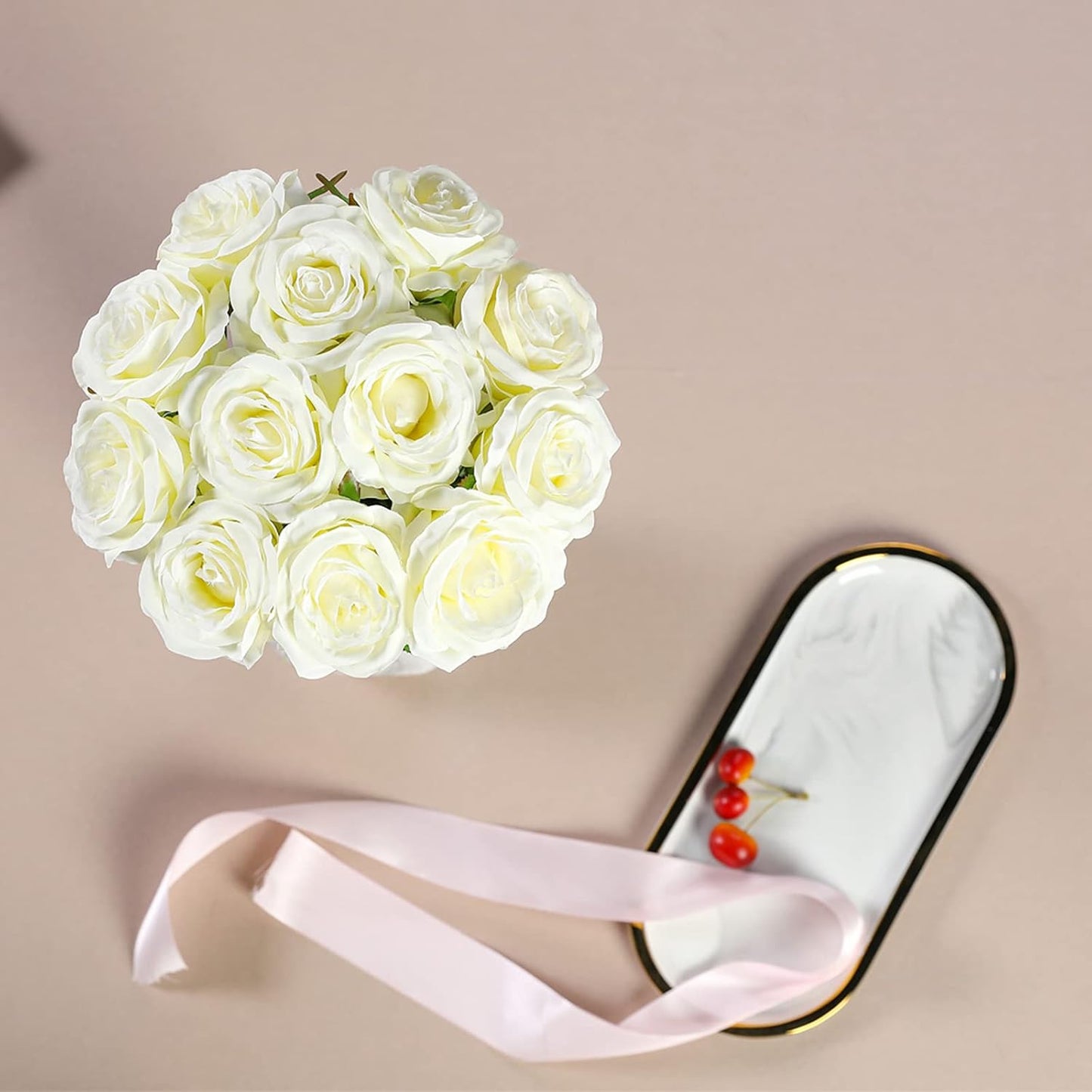 Artificial Flowers - 12 pieces - Rayon Flowers - Realistic Rose Bouquet - Long Stems - Suitable for Home - Wedding - Party - Decoration - White