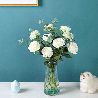 Artificial Flowers - 12 pieces - Rayon Flowers - Realistic Rose Bouquet - Long Stems - Suitable for Home - Wedding - Party - Decoration - White