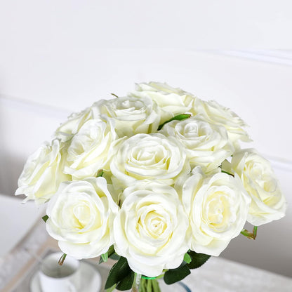 Artificial Flowers - 12 pieces - Rayon Flowers - Realistic Rose Bouquet - Long Stems - Suitable for Home - Wedding - Party - Decoration - White