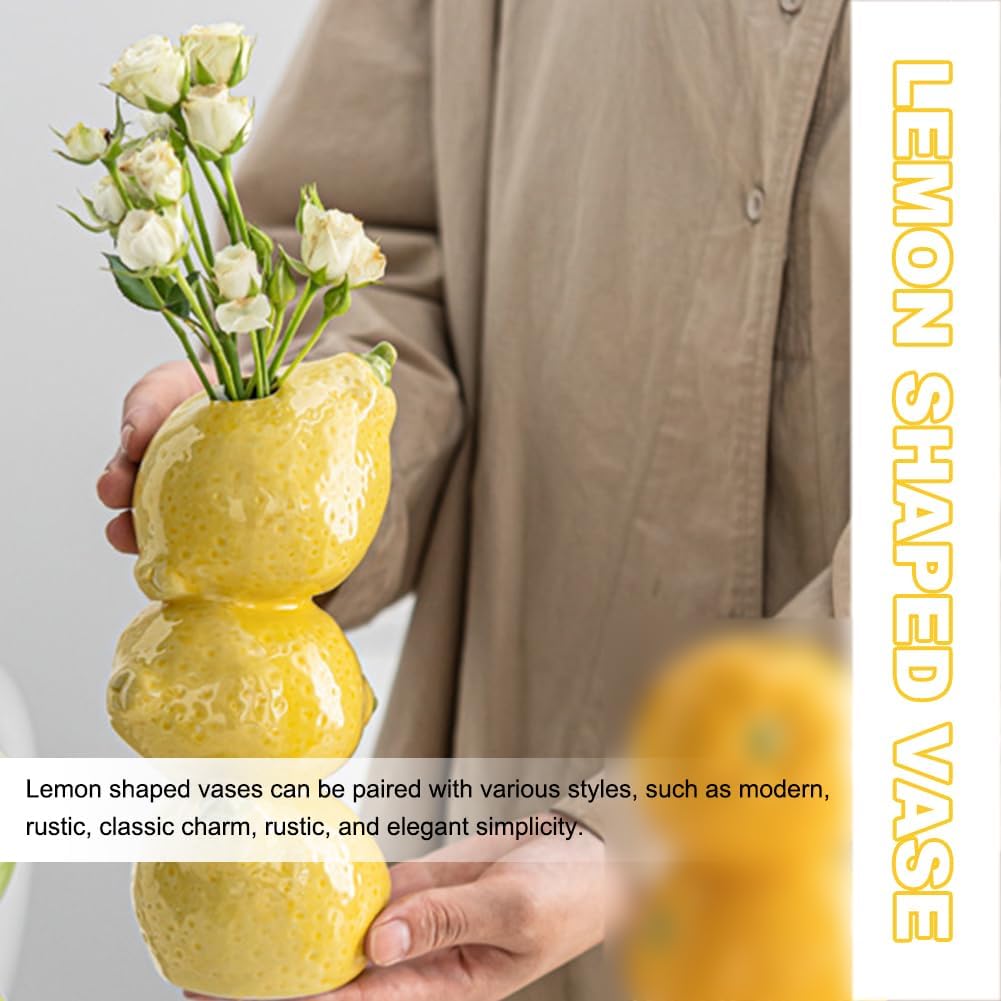 Citroenkeramiek vase - Unique fruit-shaped vase - 3D lemon design - Creative fruit and flower arrangement - Suitable for home and kitchen decor - Yellow