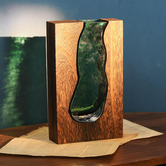 Vase with inlaid wood and glass - Rustic style wood and glass vase - Solid wood and glass vase - Vase for home decor - Table decoration (9.45 inches)