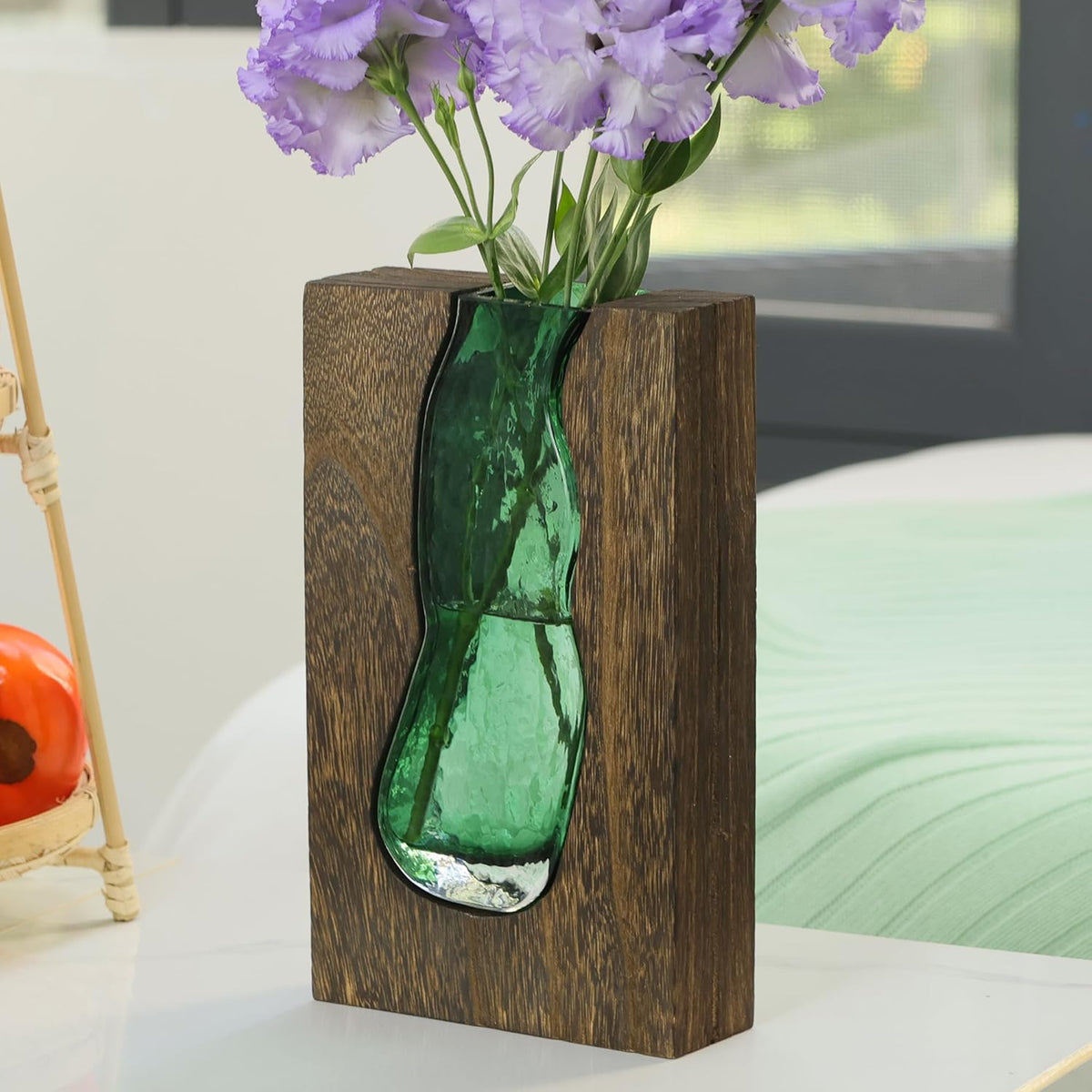 Vase with inlaid wood and glass - Rustic style wood and glass vase - Solid wood and glass vase - Vase for home decor - Table decoration (9.45 inches)