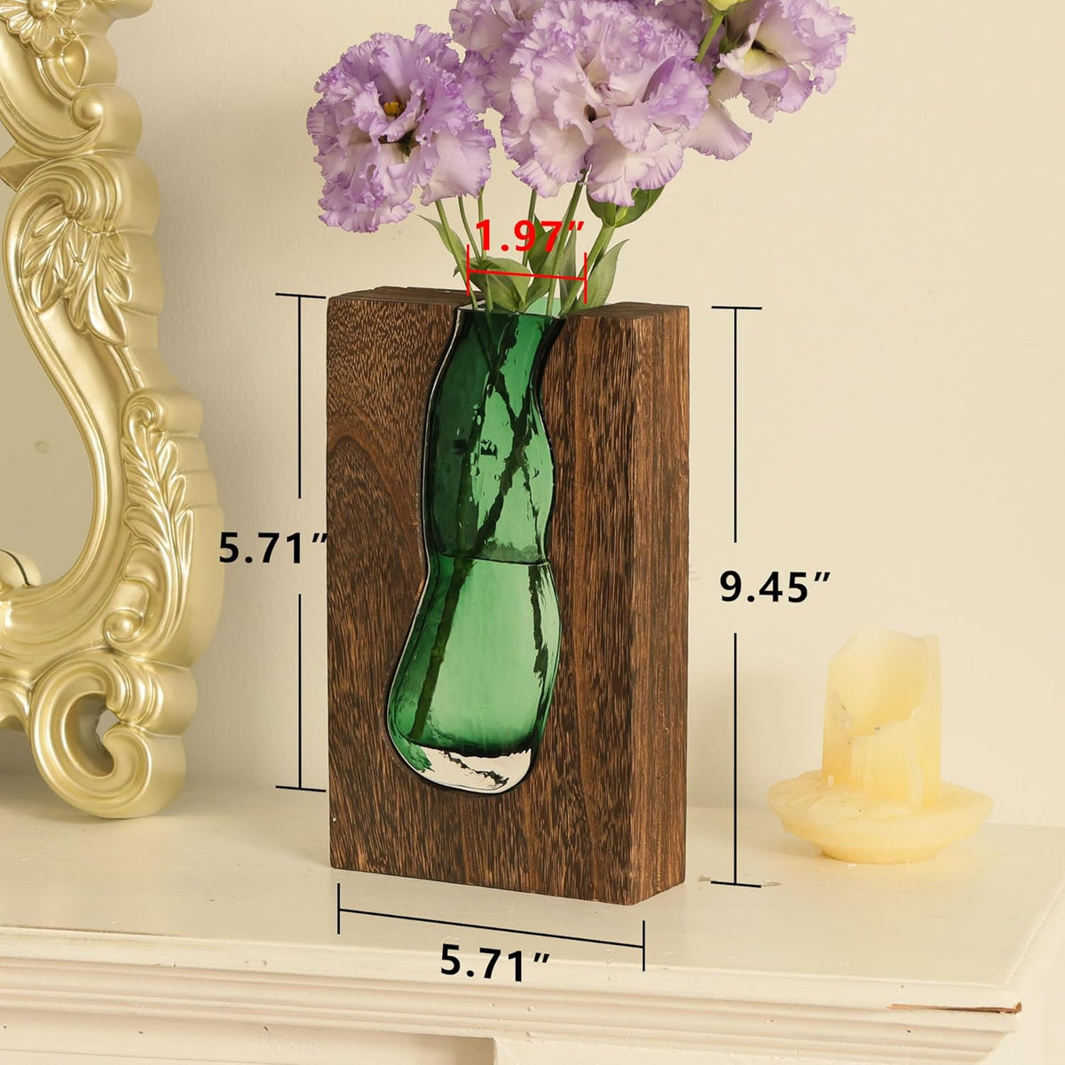 Vase with inlaid wood and glass - Rustic style wood and glass vase - Solid wood and glass vase - Vase for home decor - Table decoration (9.45 inches)