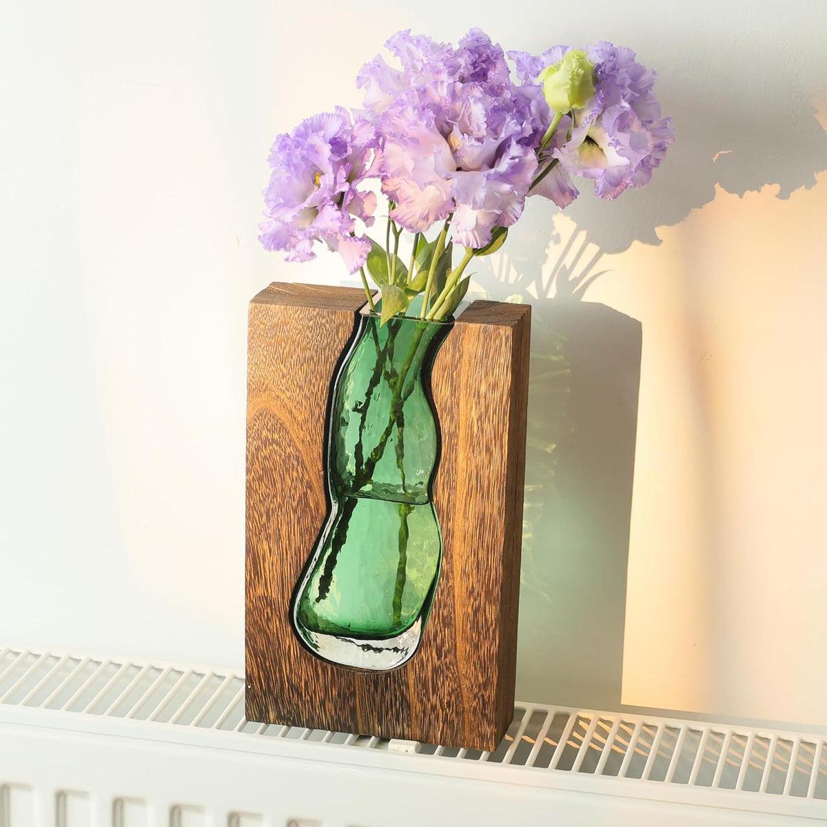 Vase with inlaid wood and glass - Rustic style wood and glass vase - Solid wood and glass vase - Vase for home decor - Table decoration (9.45 inches)