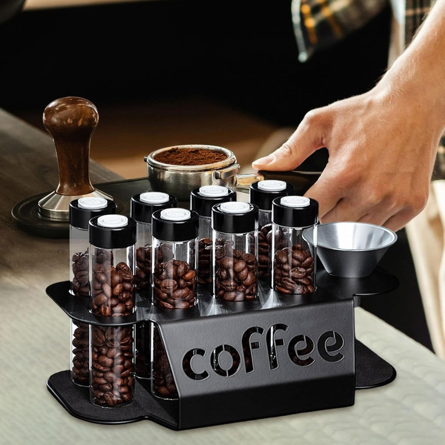 Coffee Bean Storage Containers - 8-pack Glass Jars for Storing Coffee Beans - Transparent Storage Containers, Reagent Racks, One-Way Valve - Portable Storage Jars