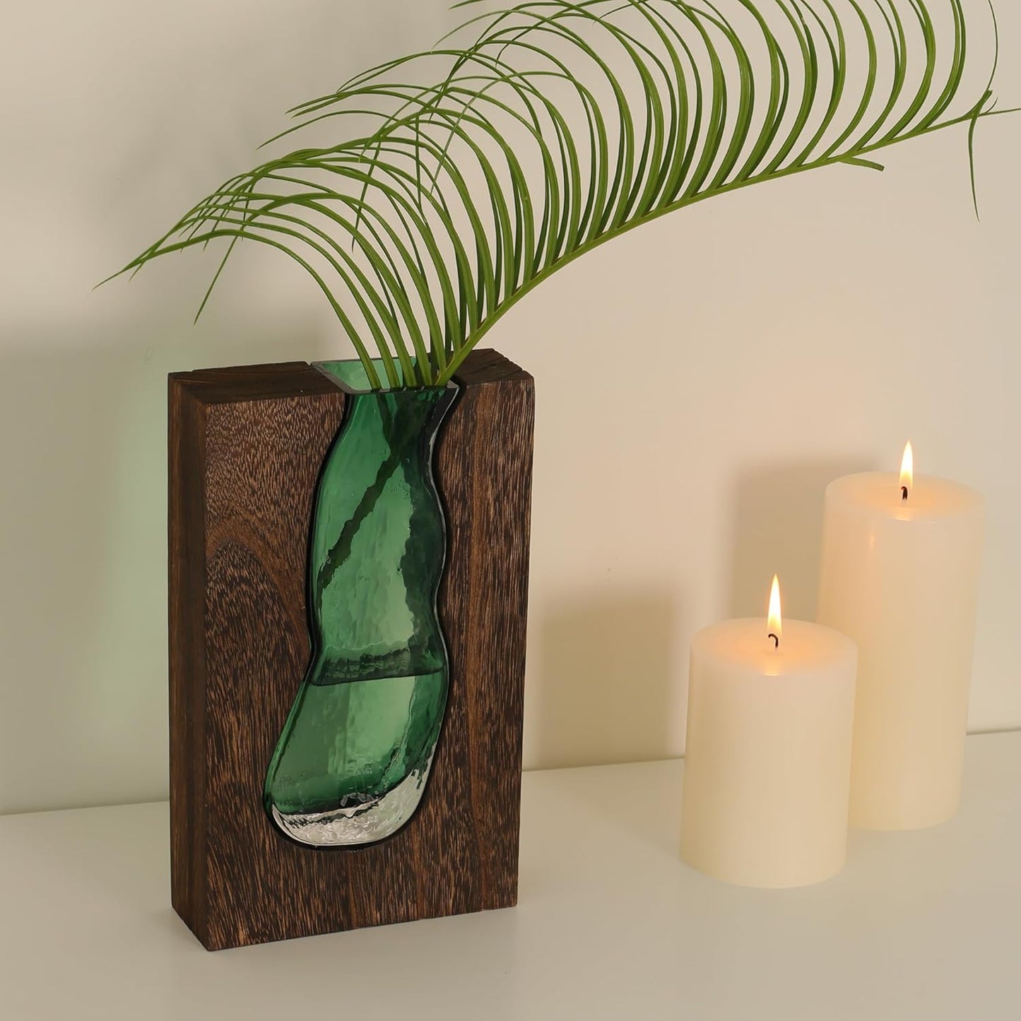 Vase with inlaid wood and glass - Rustic style wood and glass vase - Solid wood and glass vase - Vase for home decor - Table decoration (9.45 inches)