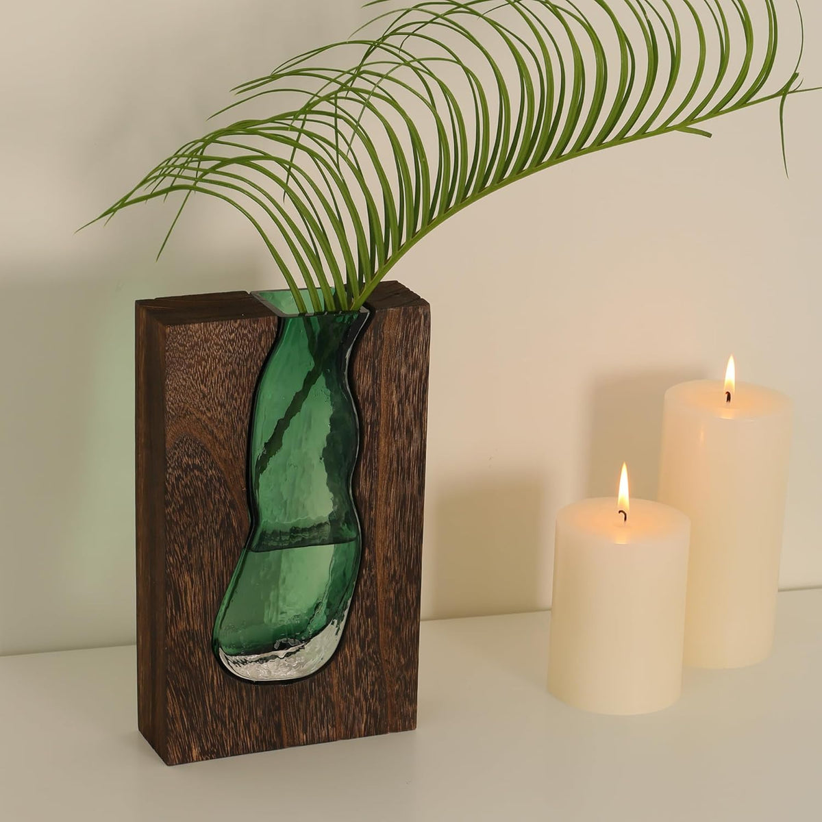 Vase with inlaid wood and glass - Rustic style wood and glass vase - Solid wood and glass vase - Vase for home decor - Table decoration (9.45 inches)