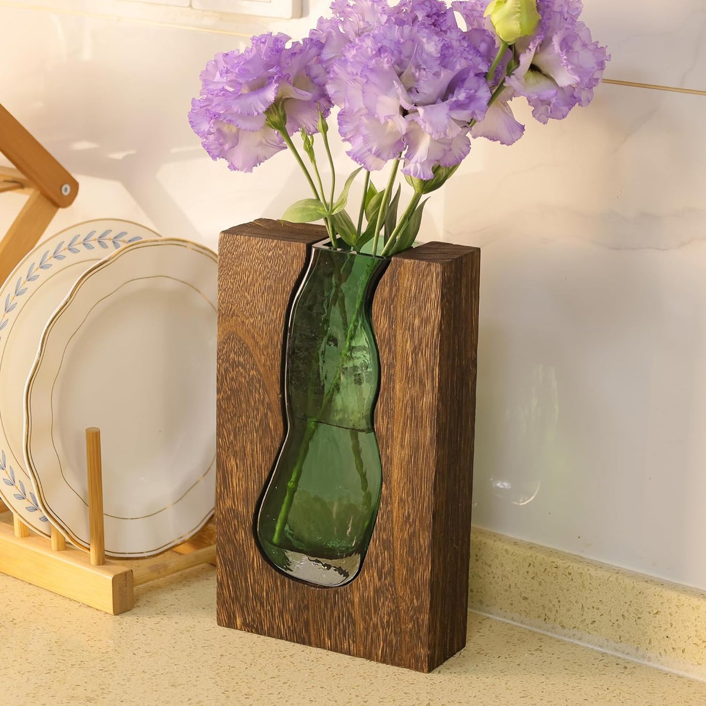 Vase with inlaid wood and glass - Rustic style wood and glass vase - Solid wood and glass vase - Vase for home decor - Table decoration (9.45 inches)