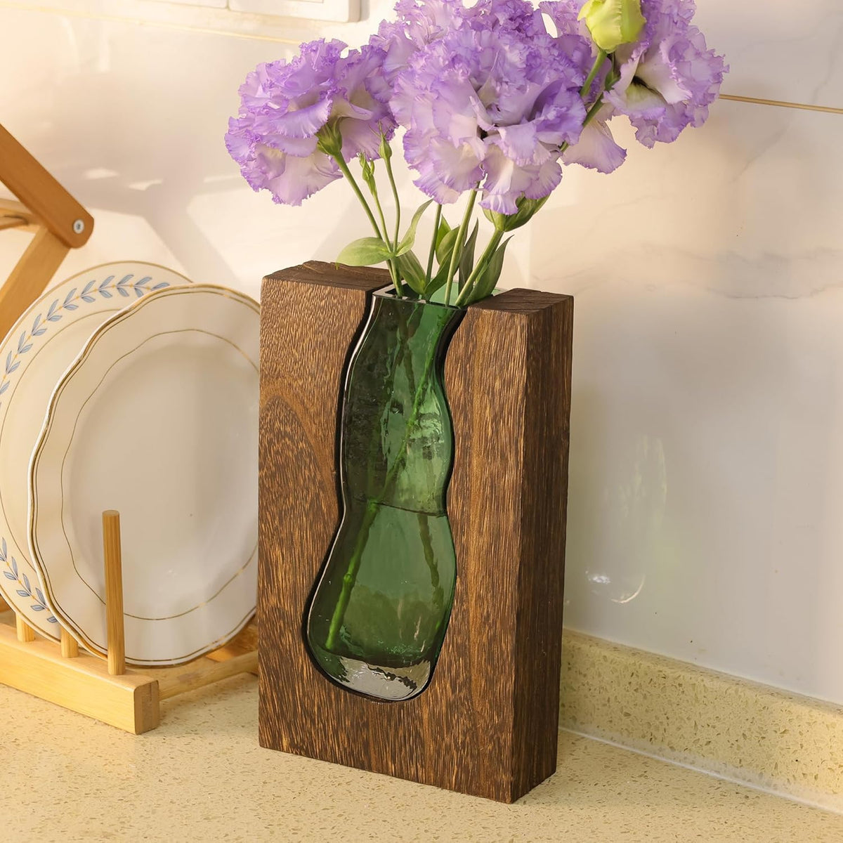 Vase with inlaid wood and glass - Rustic style wood and glass vase - Solid wood and glass vase - Vase for home decor - Table decoration (9.45 inches)