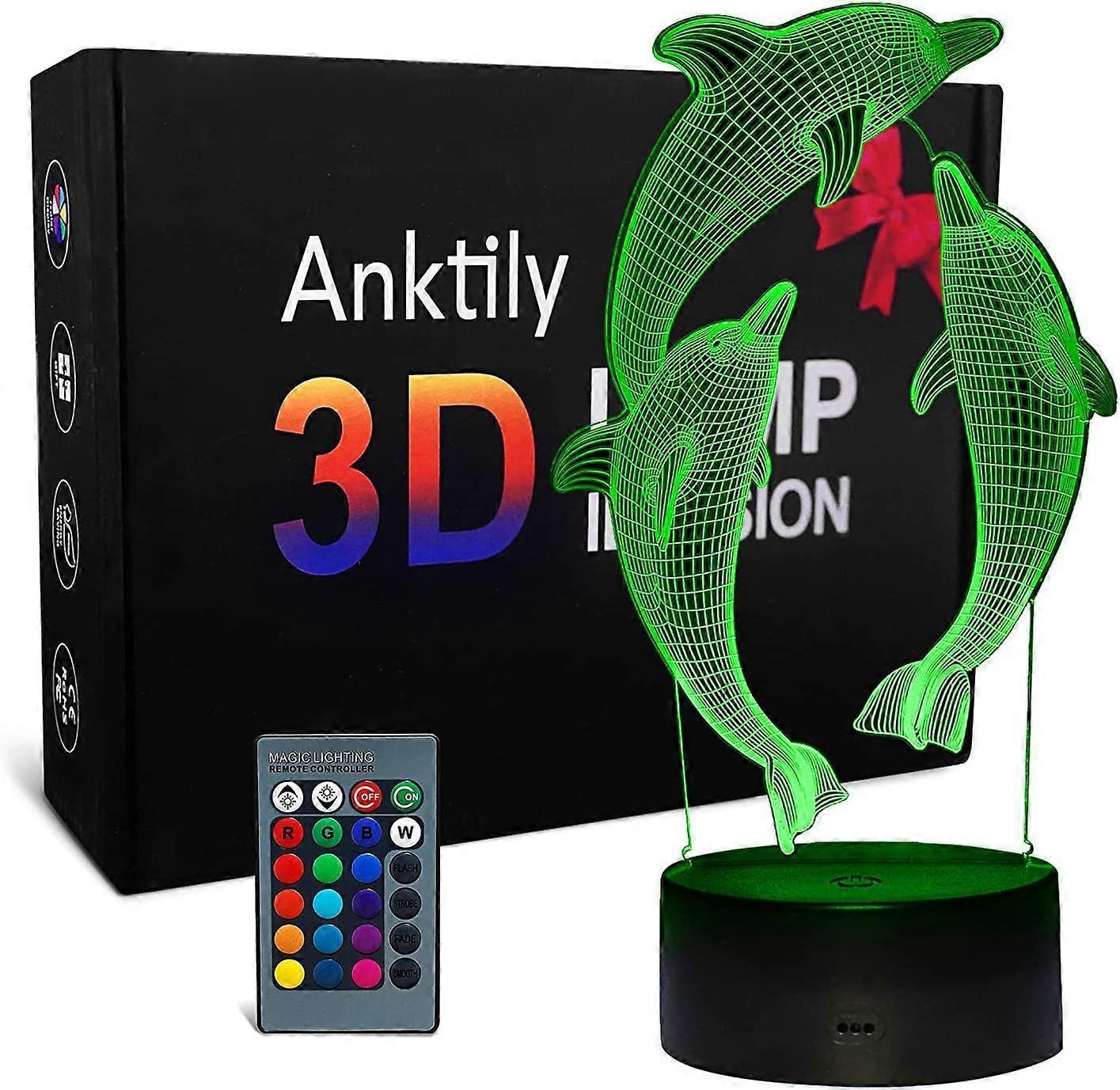 3D Dolphin Night Light LED Optical Illusion Night Light babies Table Bedside Lamp 16 Colors and Remote Control Birthday Christmas Gifts