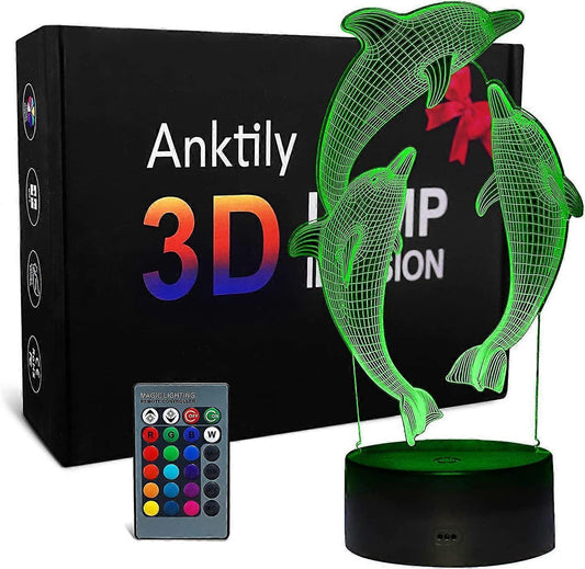 3D Dolphin Night Light LED Optical Illusion Night Light babies Table Bedside Lamp 16 Colors and Remote Control Birthday Christmas Gifts