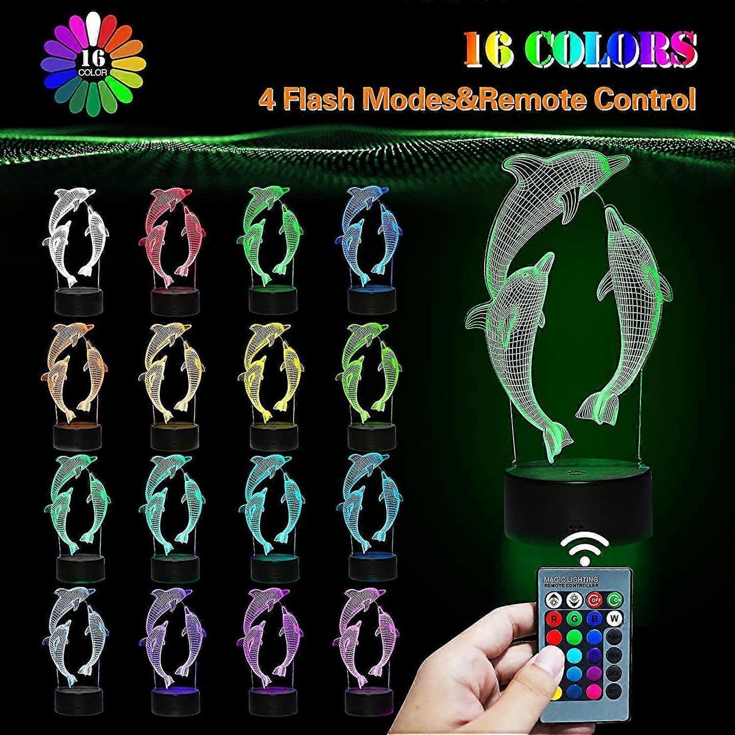 3D Dolphin Night Light LED Optical Illusion Night Light babies Table Bedside Lamp 16 Colors and Remote Control Birthday Christmas Gifts