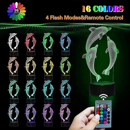 3D Dolphin Night Light LED Optical Illusion Night Light babies Table Bedside Lamp 16 Colors and Remote Control Birthday Christmas Gifts