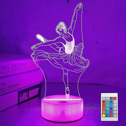 JUSCH Cute Dancing Dancer Ballet Girl Ballerina 3D Optical Illusion LED Bedroom Decor Sleep Table Lamp with Remote 7 Colors Visual Night Light Birthda